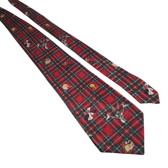 Looney Tunes Men Vintage 1993 Tartan Plaid Necktie Taz Bugs Daffy Porky Tweety - Picture 1 of 5